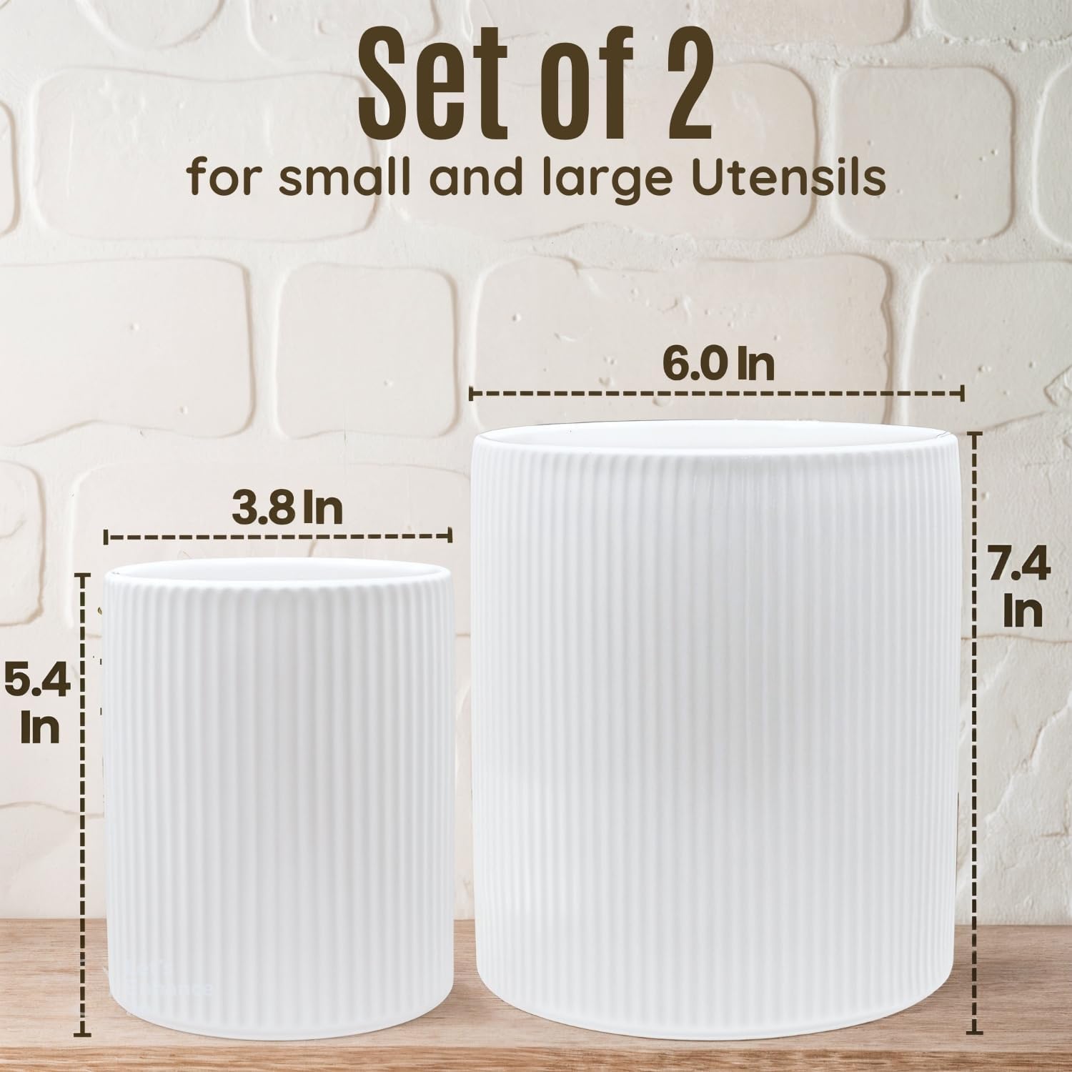 2 Pack Ceramic Utensil Holder, 7.3"+5.4" Large kitchen utensils holder for Countertop, 360° Rotating Cooking Utensil Crock for Kitchen Counter with Detachable Wooden Base, Kitchen Décor