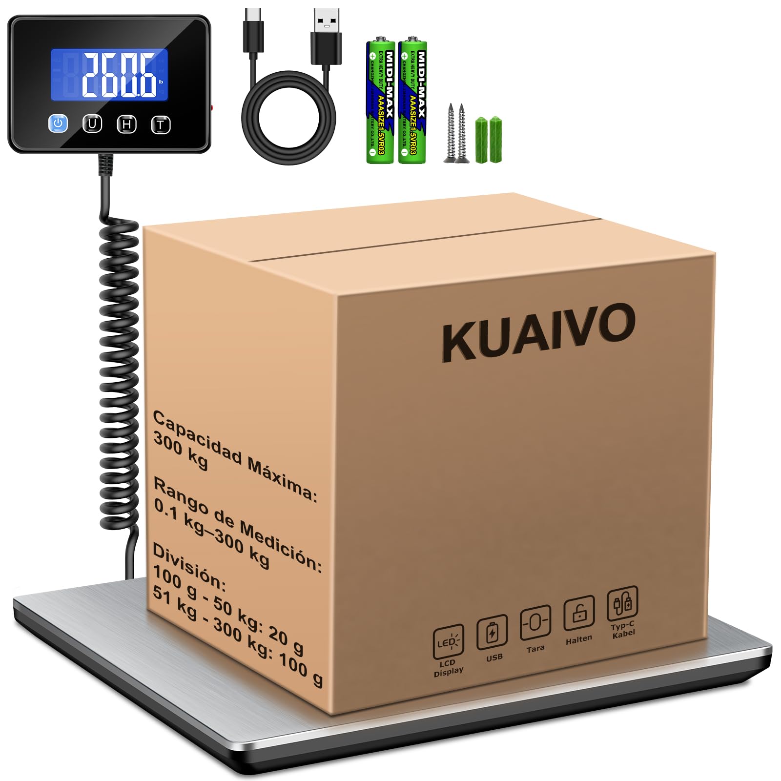 Bascula Industrial, Bascula Maletas Viaje de 300kg/20g con Función de Retención/Tara, Báscula con Pantalla LCD para Paquetes, Equipaje y Almacén, Incluye 2 Baterías AAA y Cable de Carga