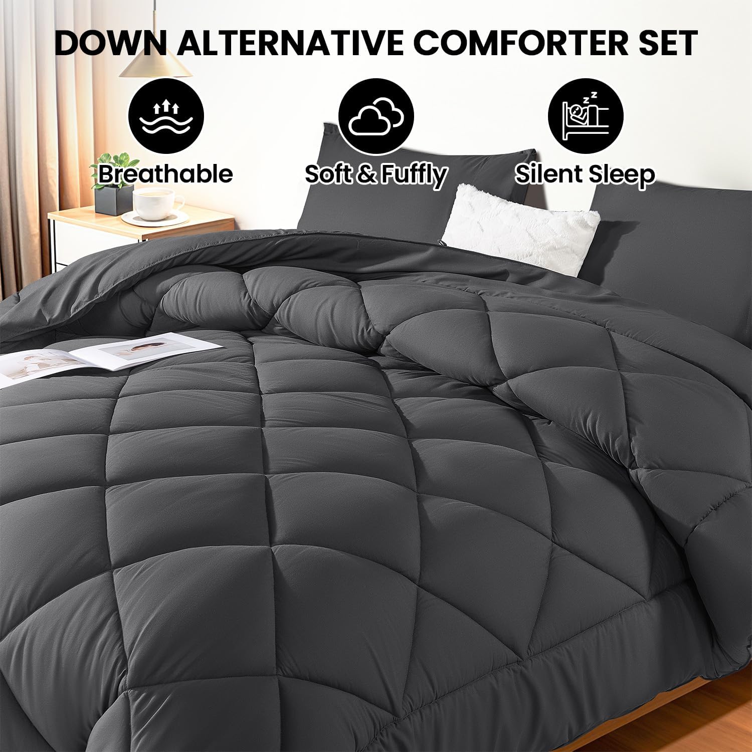 DEITAS Queen Comforter Set 3-Piece, Ultra Soft & Breathable Polyester Microfiber Bedding, Lightweight & Durable, All-Season Bedding Sets with 1 Comforter and 2 Pillow Shams(Queen,Black-20) - Image 2