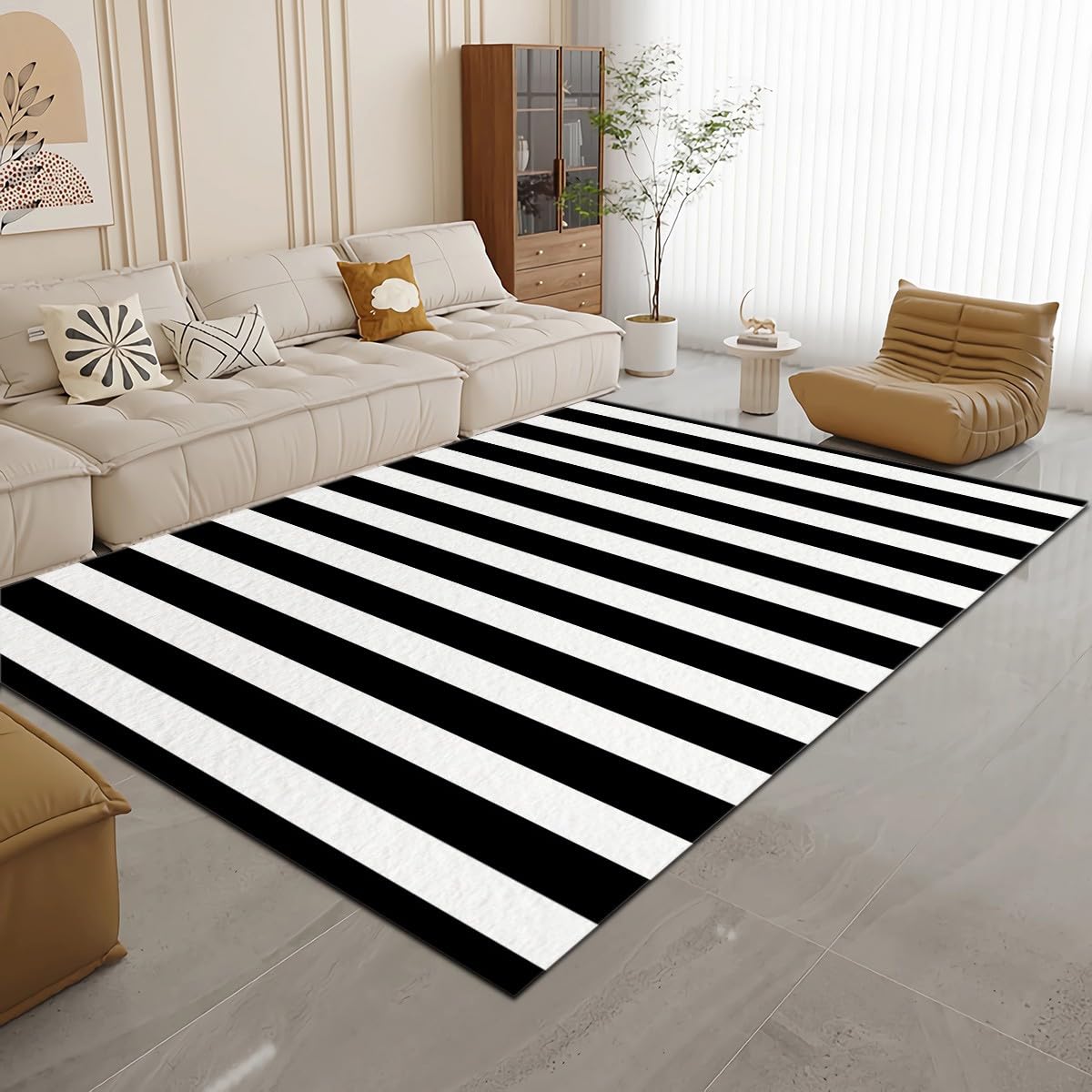 Czarno-biały dywan w paski 160 x 230 cm, można prać w pralce, przyjazny dla zwierząt domowych i dzieci, idealny do salonu, kuchni, sypialni, jadalni, dywan z krótkim włosiem