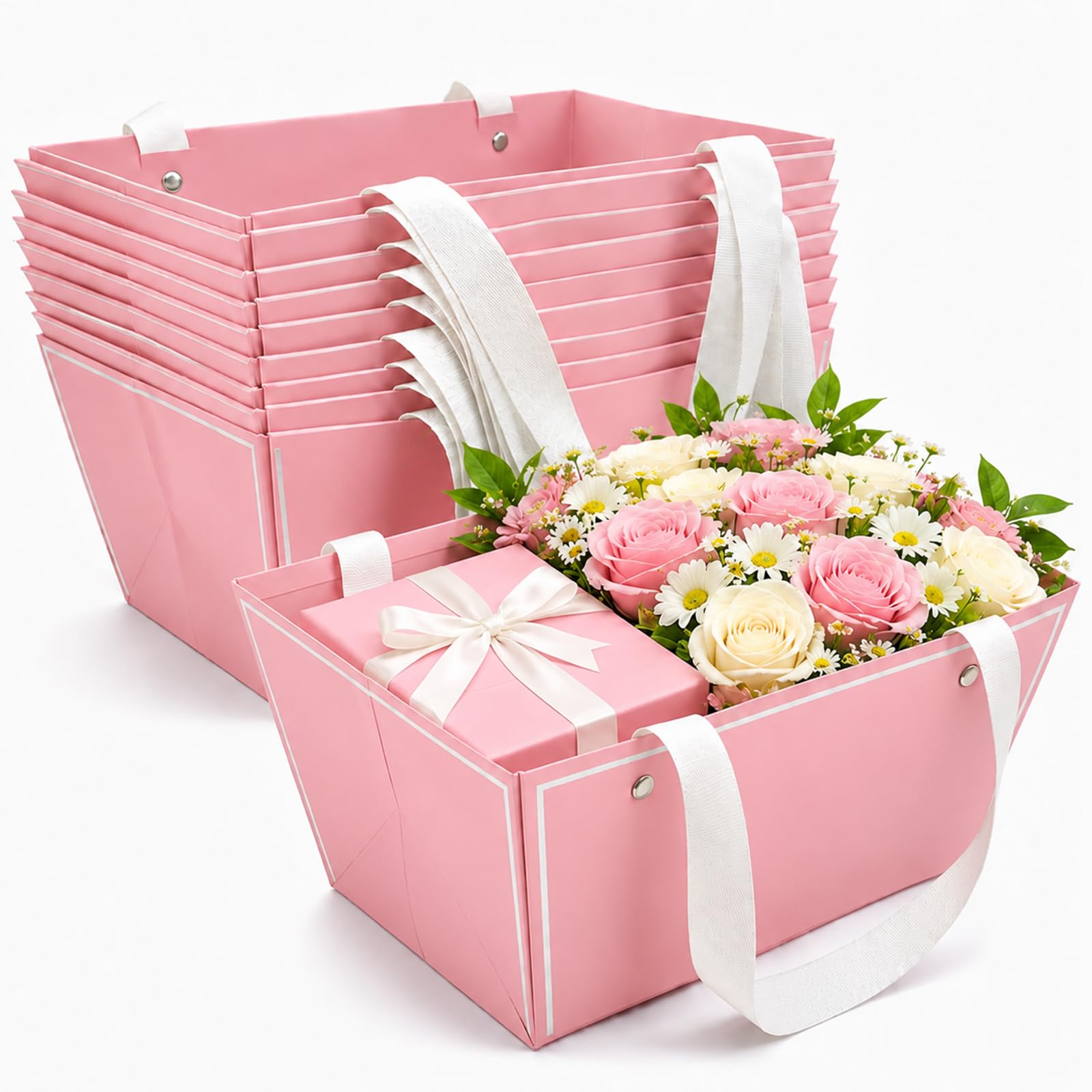 Cuxawamiyo Pink Empty Gift Basket with Handle Kraft Paper Hamper Basket for Birthday Wedding Easter Christmas Decoration