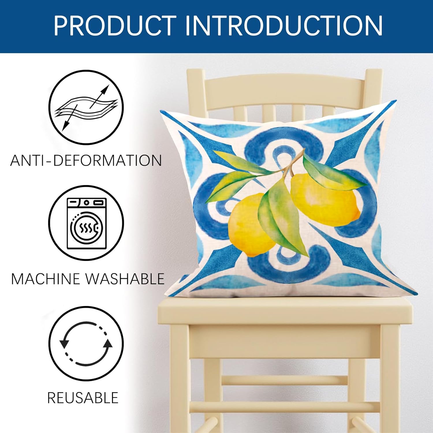Blue Lemon Italy Tile Decorative Throw Pillow Covers 18 x 18 Set of 4, Amalfi Coast Italian Capri Citrus Fruit Porch Outdoor Home Decor, Summer Mediterranean Sofa Couch Cushion Case