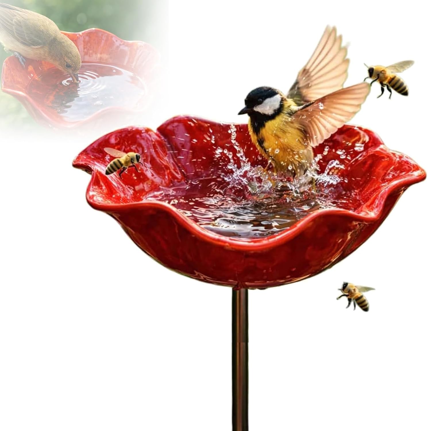 Handmade Metal Flower Garden Stake with Bee Bath & Bird Water Bowl, 2026 New Bee Watering Station for Garden, Large Bee Bird Waterer, Colorful Butterfly Bee Bath Bowl for Outdoor Yard Decor (1pcs)