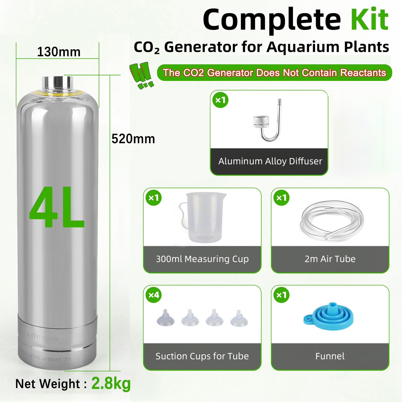Acuario completo de 4 l de CO2, generador de CO2 de acero inoxidable, botella de CO2 de 4 kg, kit de reactor de dióxido de carbono, con válvula magnética, difusor, contador de burbujas visual, para