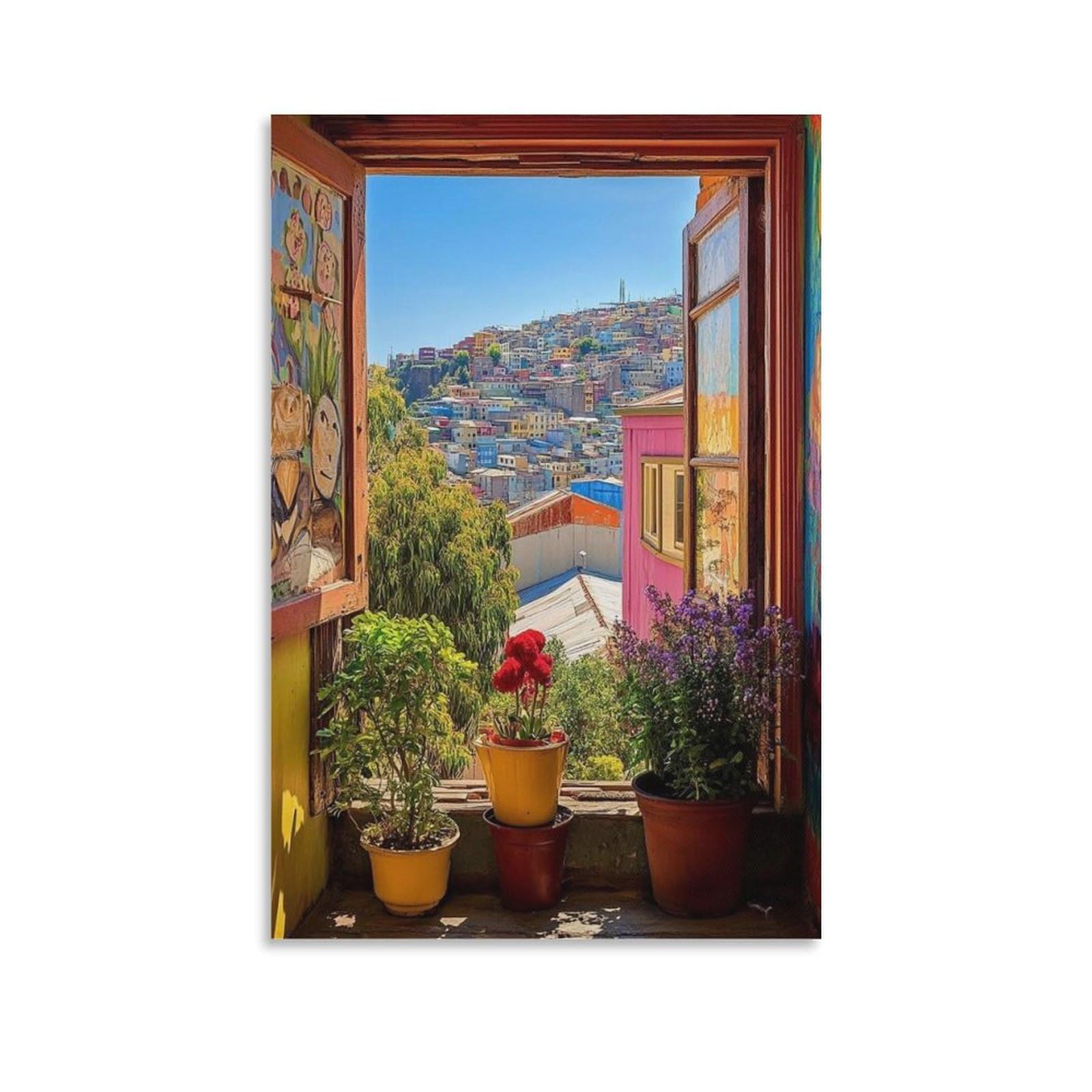 Utgn Alparaíso Chile Window View Canvas Poster Bedroom Decor Landscape Office Room Decor Gift 20X30inch(50X75cm)