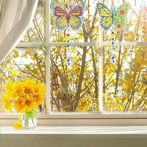 Miniatura 5 de SENHAI Juego de 8 carillones de viento de pinturas de diamantes 5D, diseño de colibrí de doble cara, girasol, cristal, mariposa, adornos con