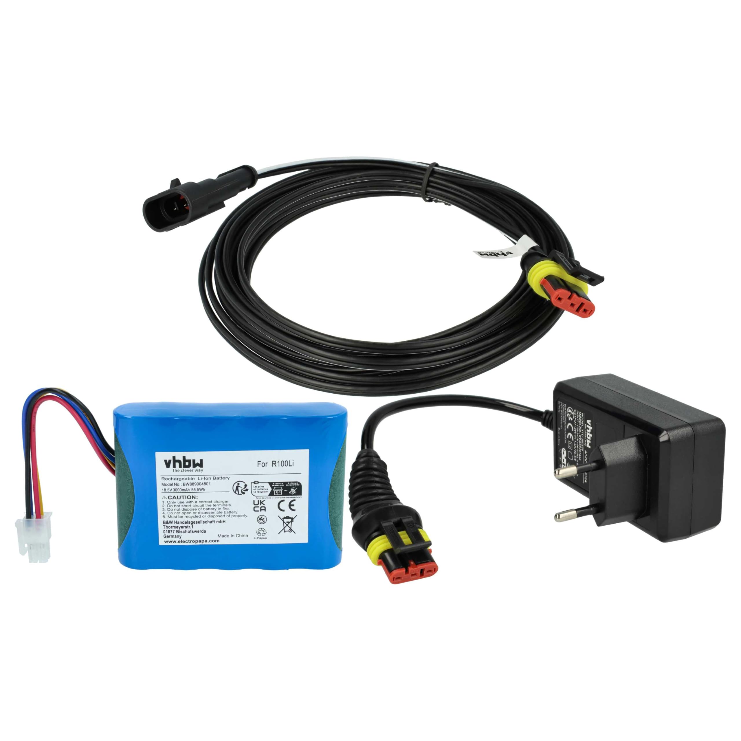 vhbw 1x zasilacz, 1x bateria 3000 mAh, 1 x kabel niskiego napięcia 5 m wymienny do 5931636-01 do kosiarki do trawy