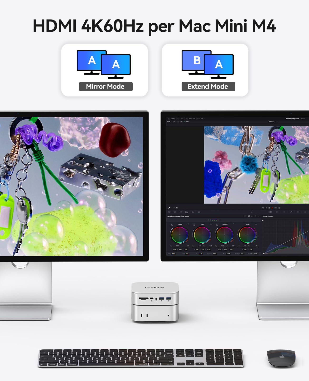 ORICO Mac mini M4 Dock Dual-Bay NVMe/SATA, docking station USB-C 10 in 1 con HDMI 4K, 10 Gbps, USB C USB A, PD60W, lettore di schede SD/TF, RJ45 1000 Mbps e alloggiamento Dual SSD per Mac mini M4 e M4