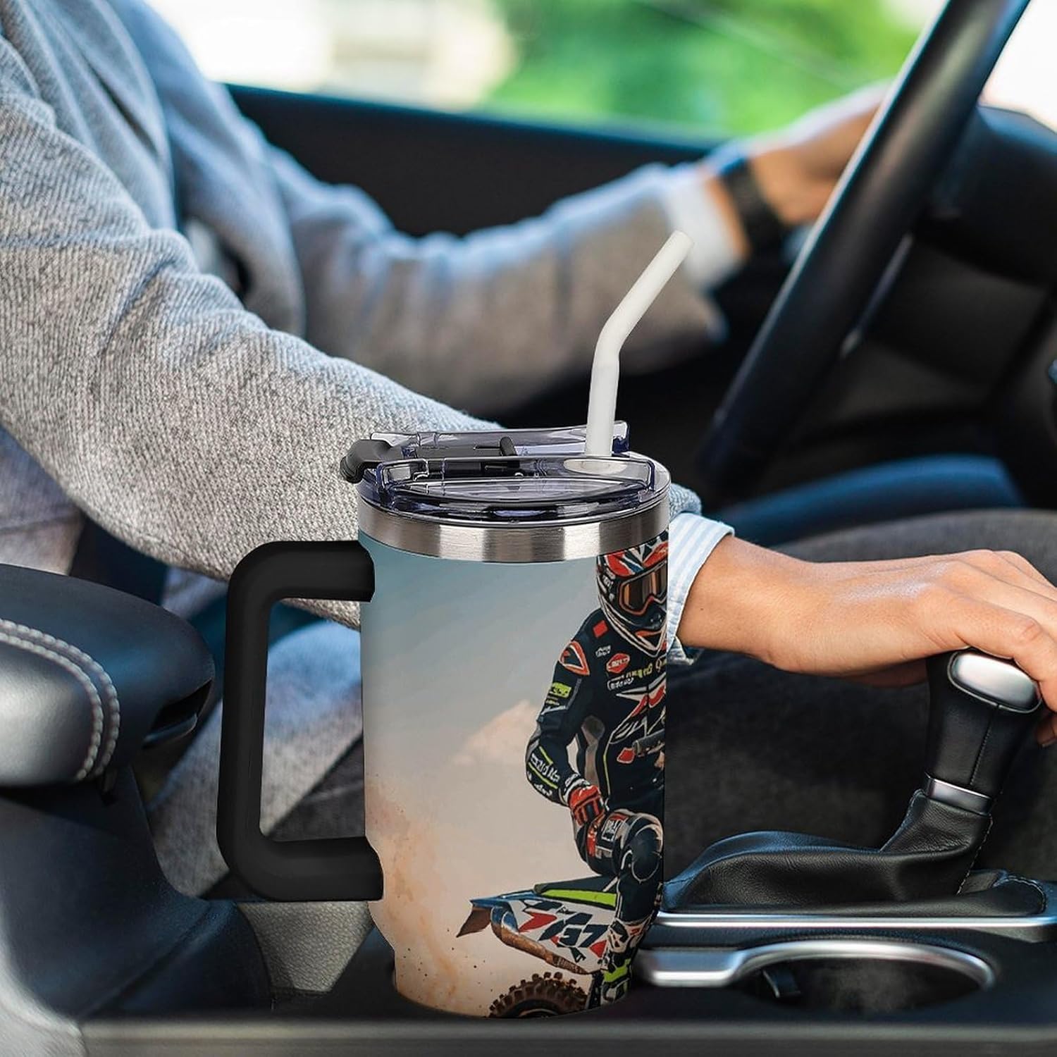 40 Oz Tumbler with Straw And Lid Sport Motorcycle Motocross Racing Theme Insulated Travel Coffee Mug Stainless Steel Water Bottle Vacuum Insulated Tumblers for Sport Work Car Travel Weekends