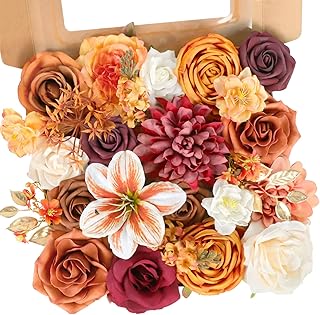 Burnt Orange Flowers for Decoration, Fake Orange Burgundy Roses with Stems Rustic Wedding Flower for DIY Bouquet Centerpieces Baby Shower Party Decorations