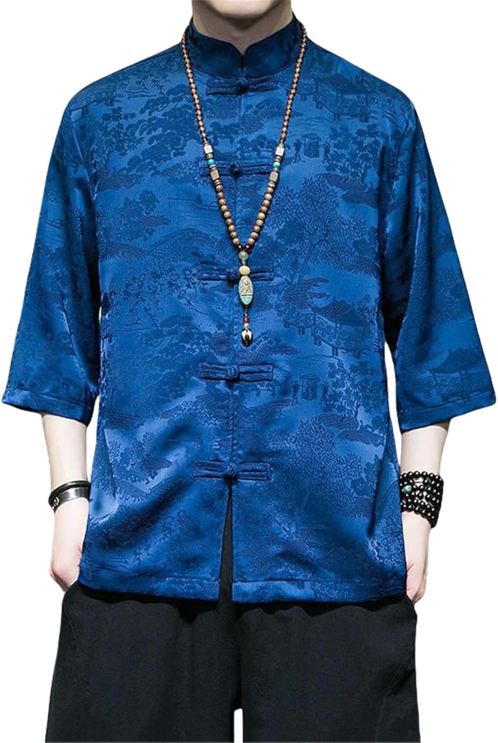 Men's Summer Chinese Style Ice Silk Stand Collar Frog Button Print Short Sleeve Shirt