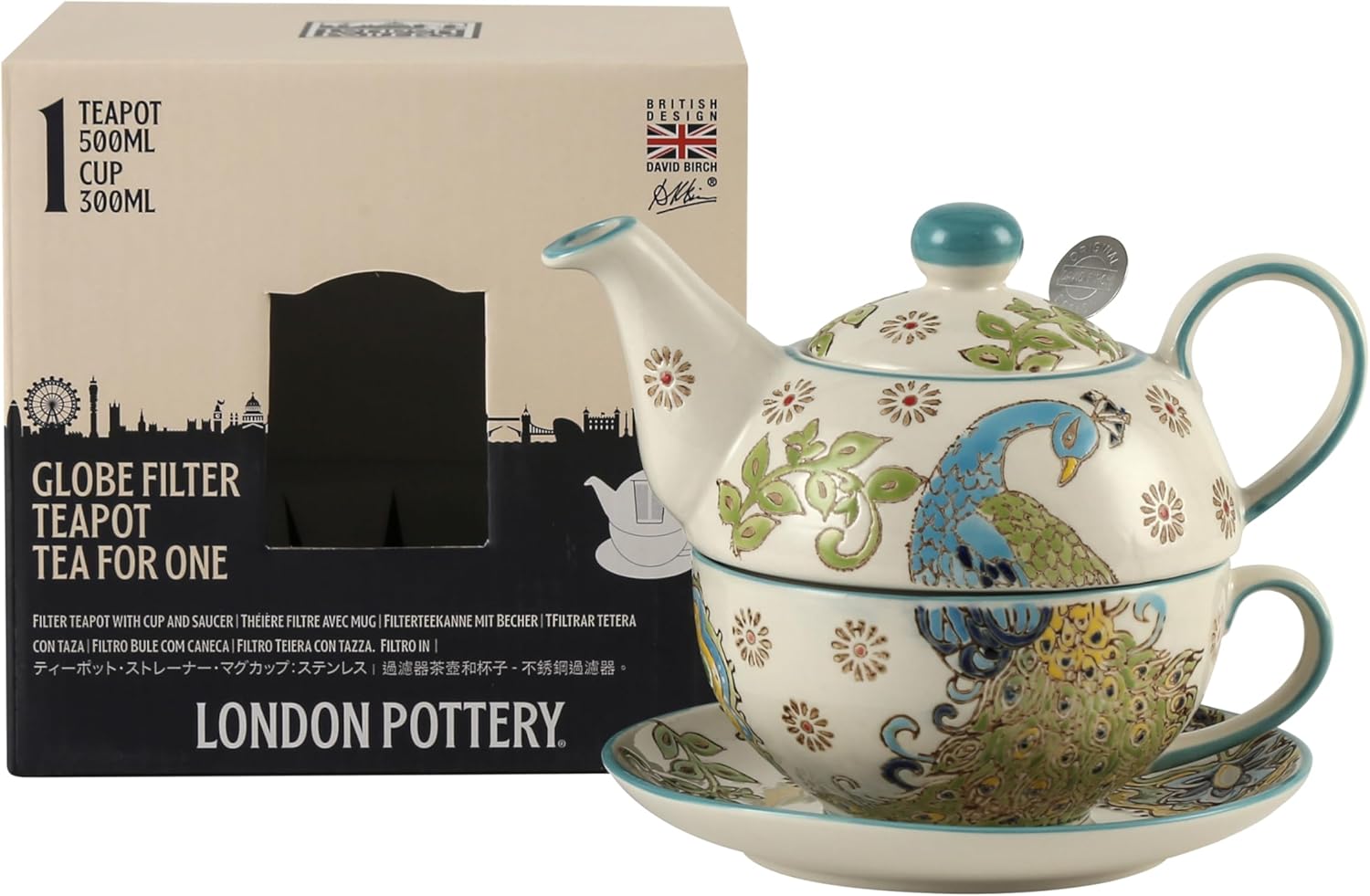 London Pottery Ceramic Tea Sets for One, 10 OZ Teapot with a Fine Stainless Steel Infuser Strainer and Cup Set, The Gifts Set for Adults/Women (Peacock, Teapot- 300ml, Cup and Saucer-300ml)