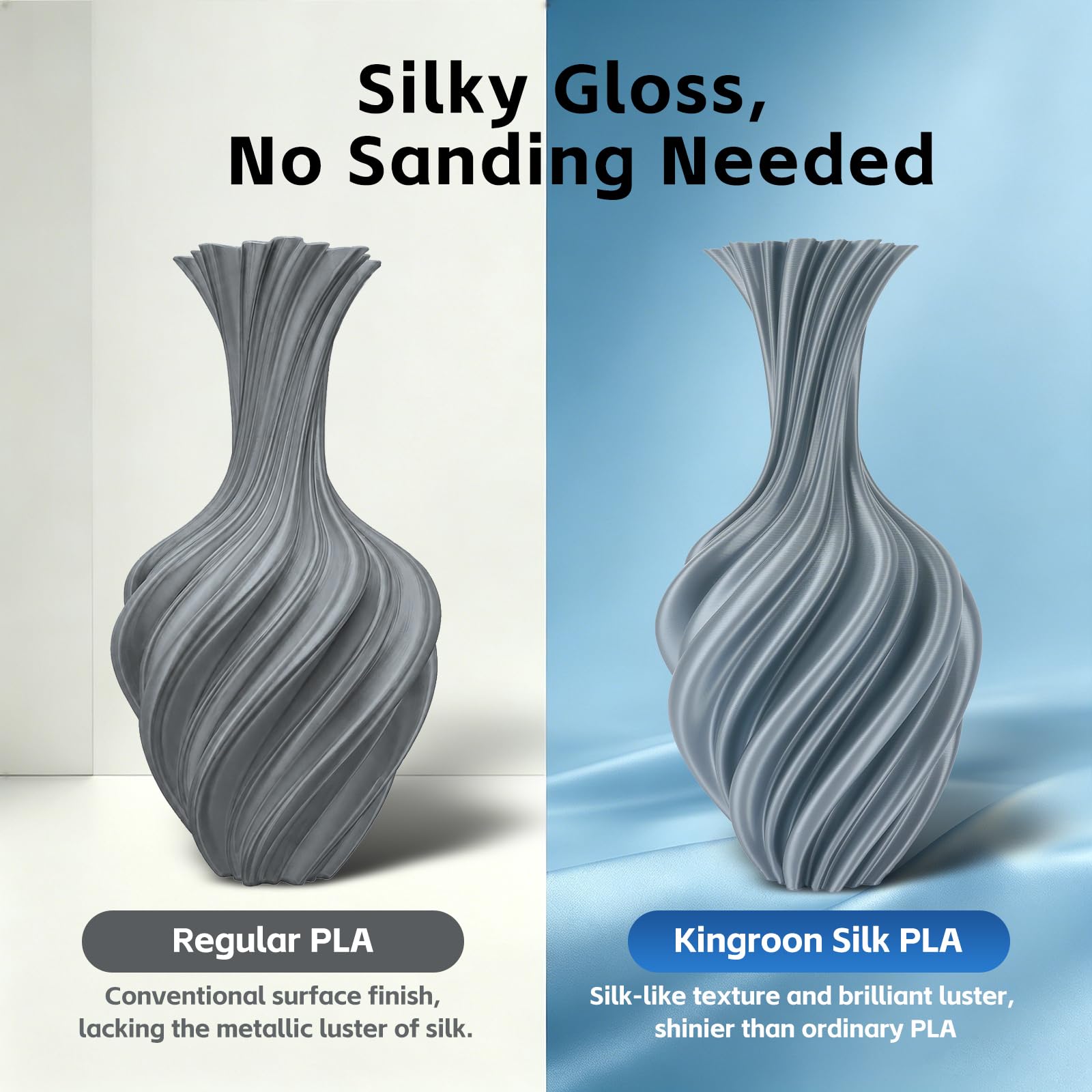 Filamento de seda PLA para impresora 3D, precisión dimensional +/- 0.03 mm, carrete de 1 kg (2.2 libras), filamento PLA brillante de 1.75 mm (plata)