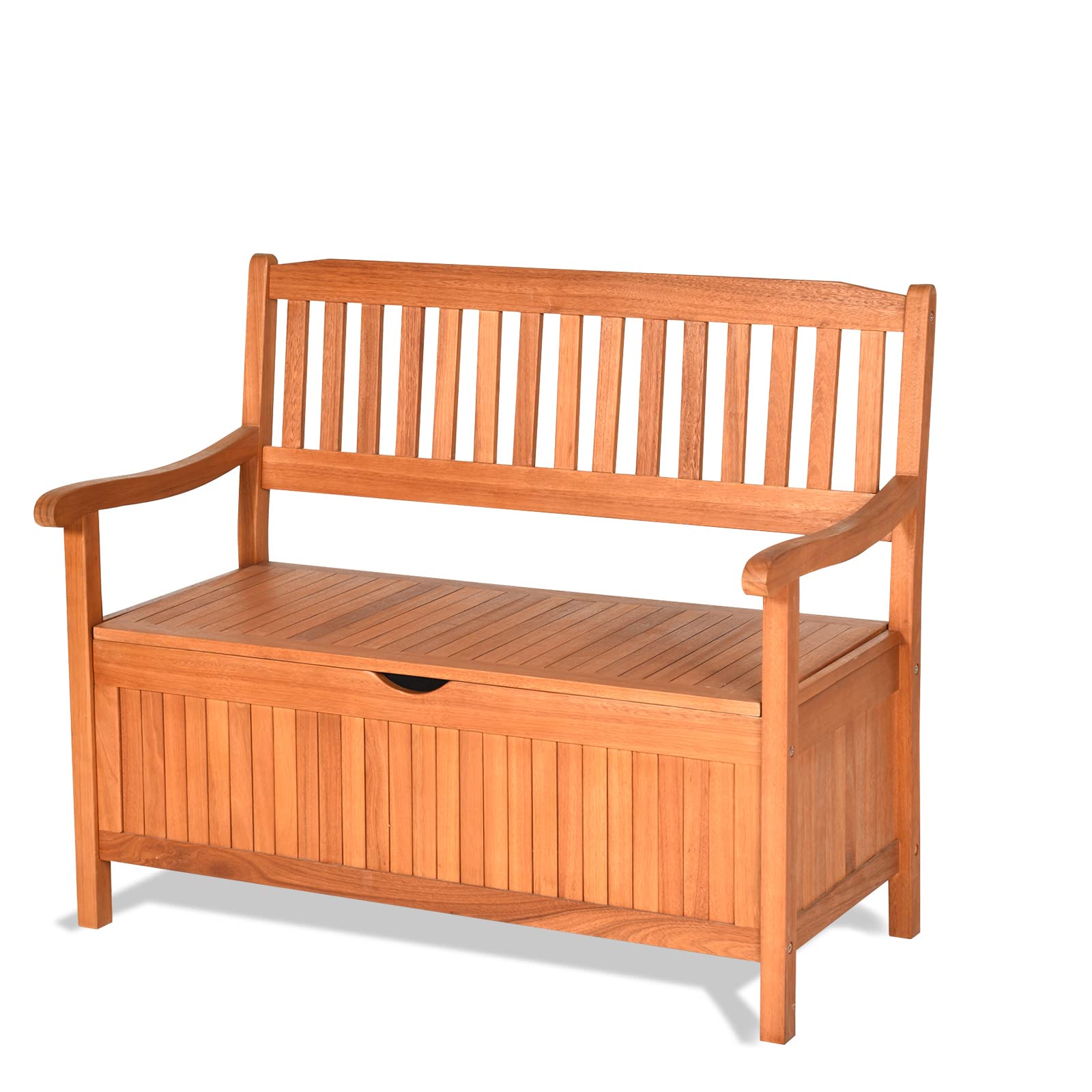 GOPLUS Banco de Jardín con Almacenamiento y Respaldo Ergonómico | Banco Exterior para 2 Plazas, Asiento Cómodo, Banco de Intemperie para Terrazas, Balcones y Patios, 107 x 59 x 90cm