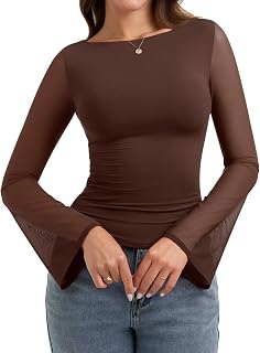 Womens Sexy Sheer Mesh Bell Sleeve Tops Boat Neck Ruched Long Sleeve Shirt Going Out Outfit