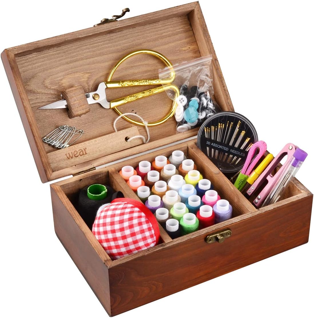 Wooden Vintage Sewing Basket with Sewing Kit Accessories Organizer Box for Grandma Mon Girl Women Hobbyist Household Gift