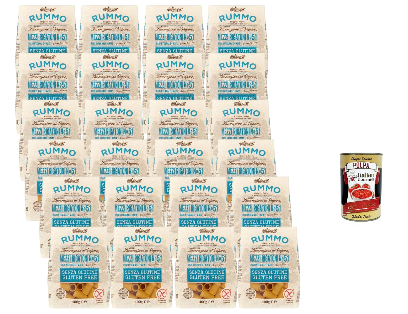 Italian Gourmet pasta Mezzi Rigatoni 24 x 400g glutenfreie Nudeln aus Mais | Senza glutine con riso integrale, bronzen gezogen, hält Saucen gut, für, Gesamtnettogewicht 9,6 kg + Kostenlos Polpa 400g