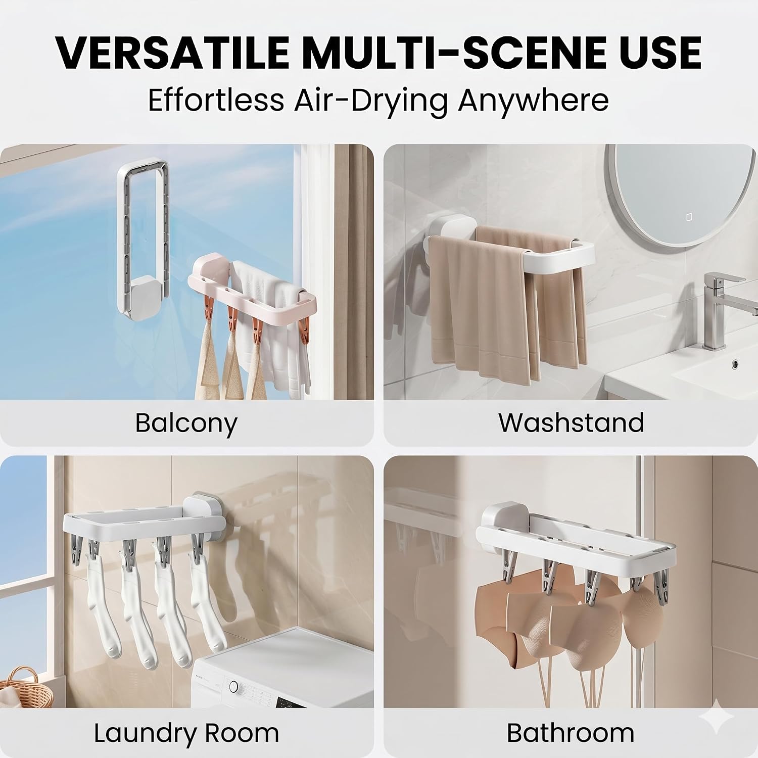 Wall Mounted Drying Rack with 7 Hidden Clips for Sock&Underwear Foldable Adhesive Collapsible Space-Saving Laundry Rack for Bathroom,Laundry Room,Balcony&Washstand, Holds 5.5 lbs-White 1Pack
