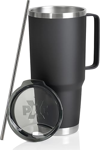 XPAC Vaso de acero inoxidable de doble pared al vacío con tapa, 64 onzas, con asa, negro, cabe en un soporte de bebidas de automóvil de 4 pulgadas