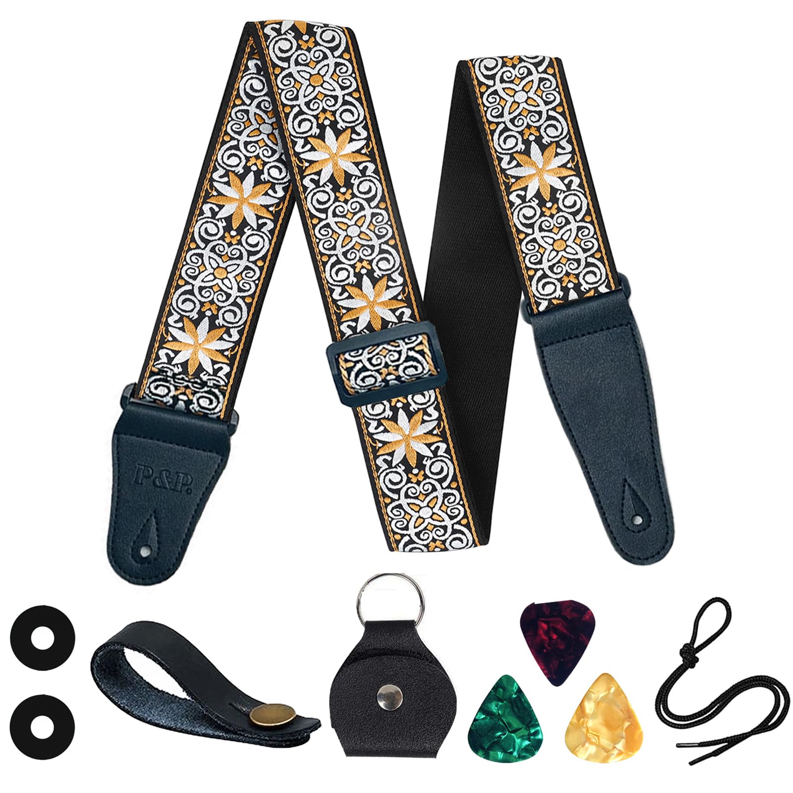 Virahyem Unisex Orange Guitar Strap, Jacquard Embroidered Cotton Guitar Straps With Leather Ends Shoulder Strap For Bass, Acoustic, Classical, Electric Guitar, Best Gifts For Guitarists