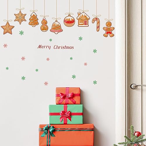 Miniatura 3 de Calcomanías de pared con texto en inglés Merry Christmas para despegar y pegar, arte de pared de casa de caramelos, copos de nieve, decoración de