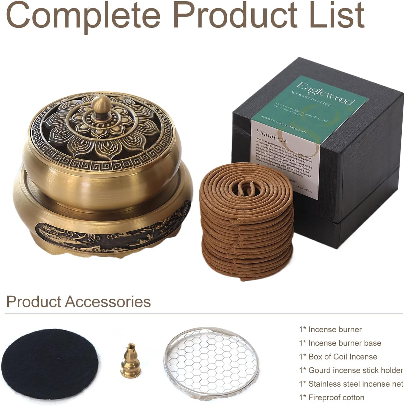 Brass Incense Burner Bowl, Lotus Shape, with Stick Holder & Incense net &Fire Cotton Incense Holder Cone Coil Incense Burner Ash Catcher with Lid for Indoor Office Décor, Handicraft Gifts,Censer