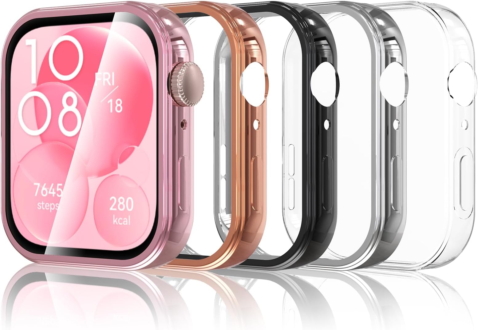 5 Pcs Screen Protector Cover Compatible with Huawei Watch Fit 3, Soft TPU Silicone Gel Case with Protective Film, Anti-Scratch, Full Protection, Clear, Black, Silver, Rose Gold, Pink