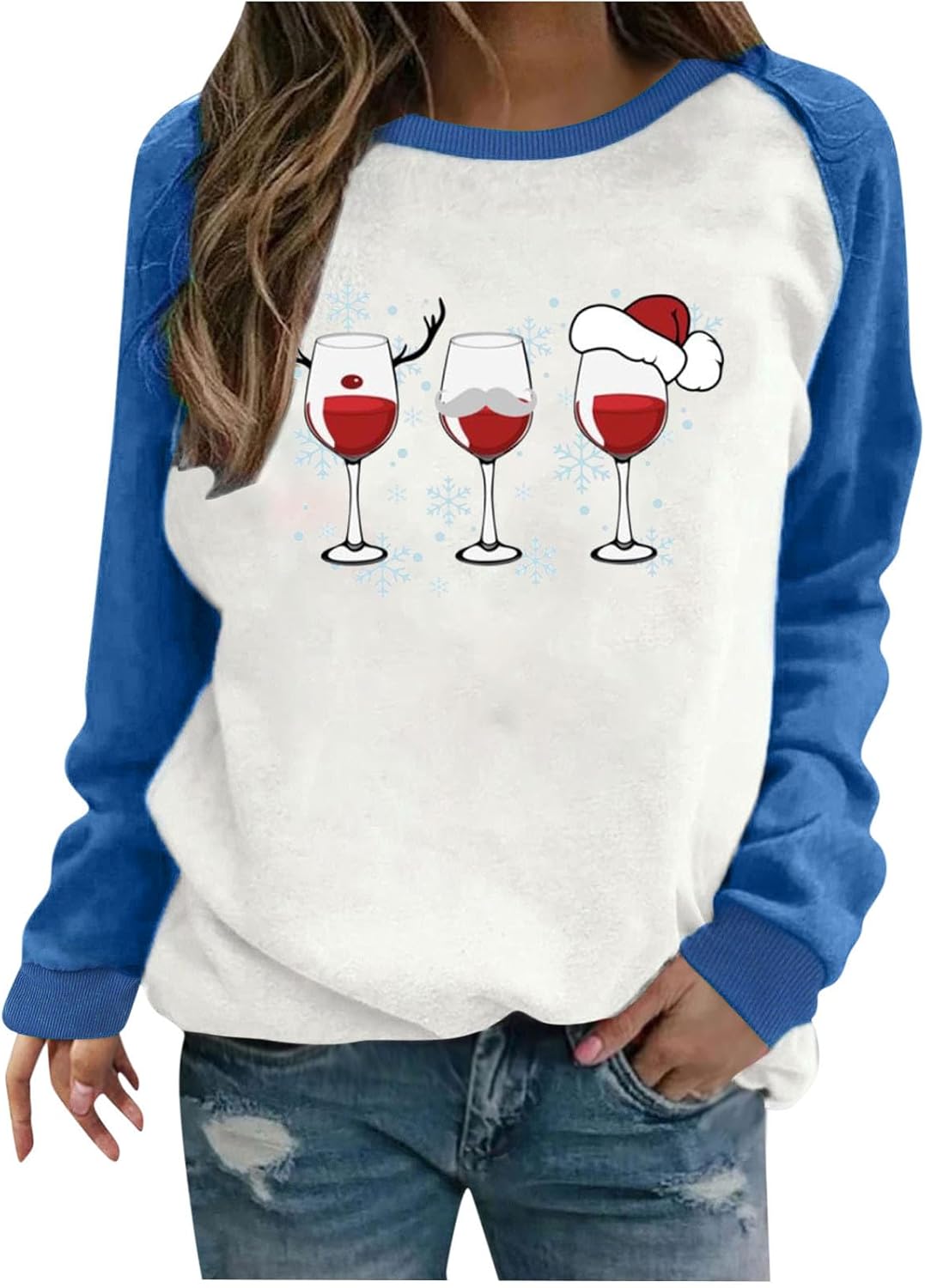 OSFVNOXV Christmas T-Shirts for Womens Reindeer Horn Red Goblets Graphic Crewneck Sweatshirts Casual Fashion Print Tunic