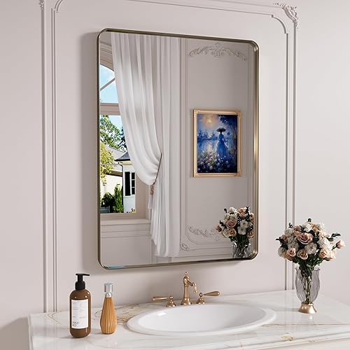 Miniatura 49 de Espejo de baño dorado, 48 x 30 pulgadas, espejo de marco de metal dorado cepillado para pared, espejo rectangular redondeado de tocador de baño