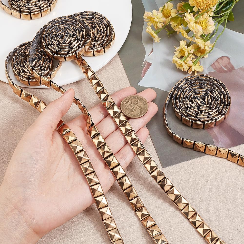 WADORN 5 Yards 10mm Hot Fix Nailhead Trim, Stainless Steel Square Rivet Studed Applique, Metal Iron-on for DIY Purse Handbag Punk Clothing Shoes Belt Decoration, Gold