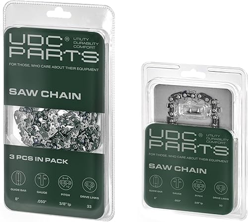 UDC Parts Cadena de motosierra de 8 pulgadas, paquete de 4 (3+1), paso de 38 pulgadas, calibre 050, 33 DL, reemplazo S33, para Sun Joe SWJ800E,