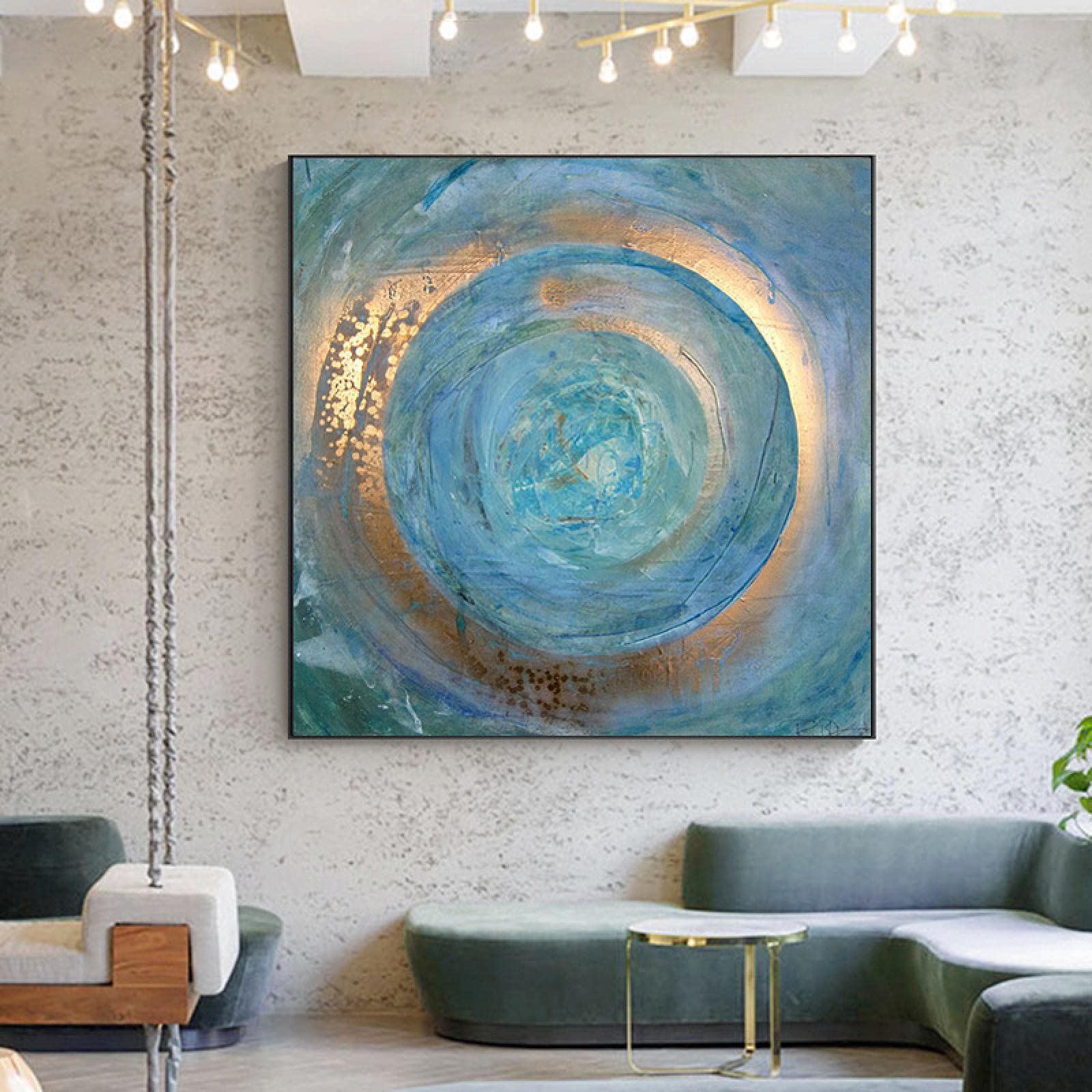 Cuadros de salón abstractos en azul y dorado, lienzo moderno de 40x40cm para decoración