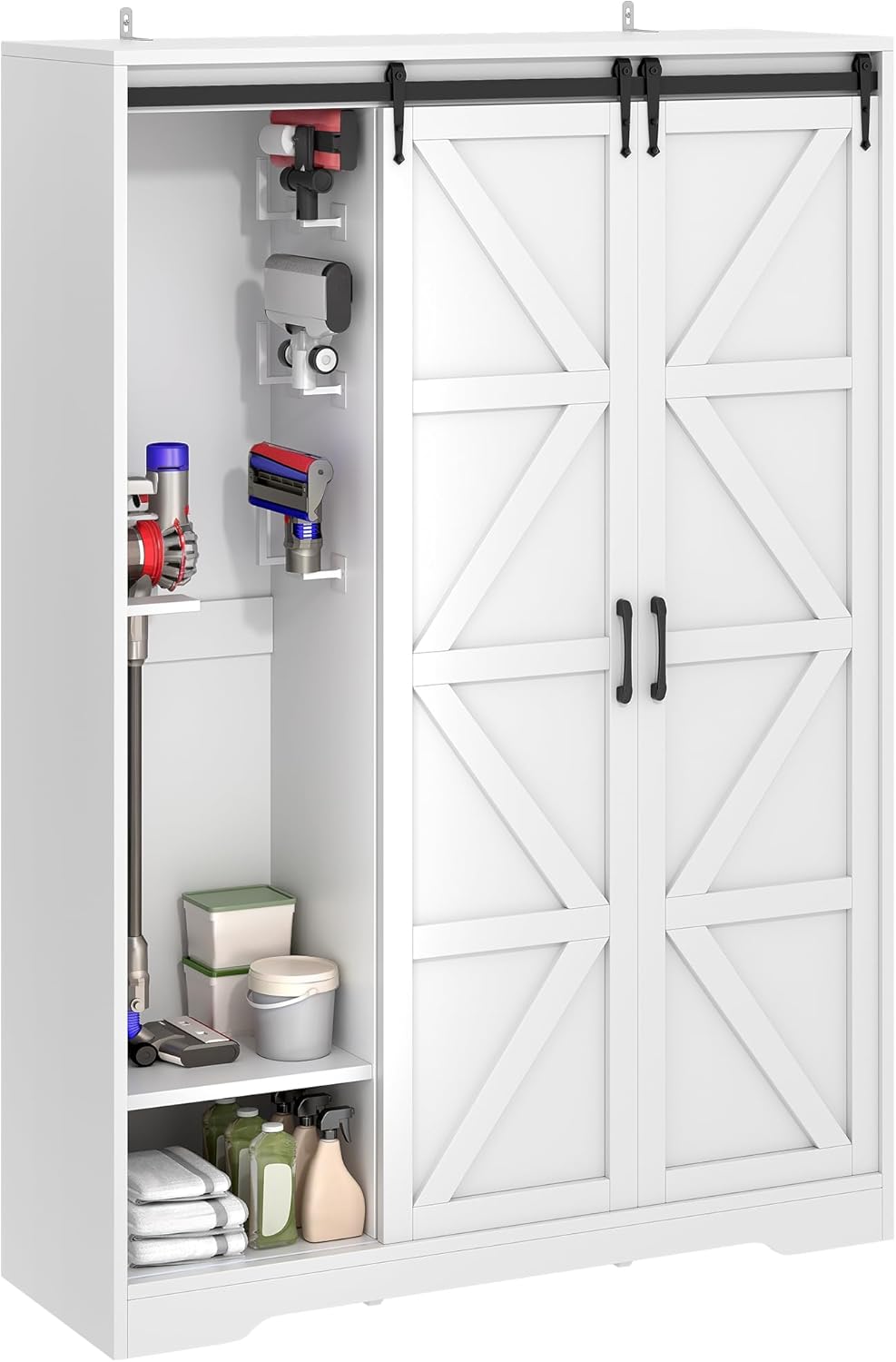 Broom Closet Storage Cabinet, 67" H Wooden Vacuum Storage Cabinet, Utility Closet with Sliding Door, Cleaning Tool Organizer with Shelf and 6 Pack Broom Holder, 67.1" H×47.2" W×15.7" D, White