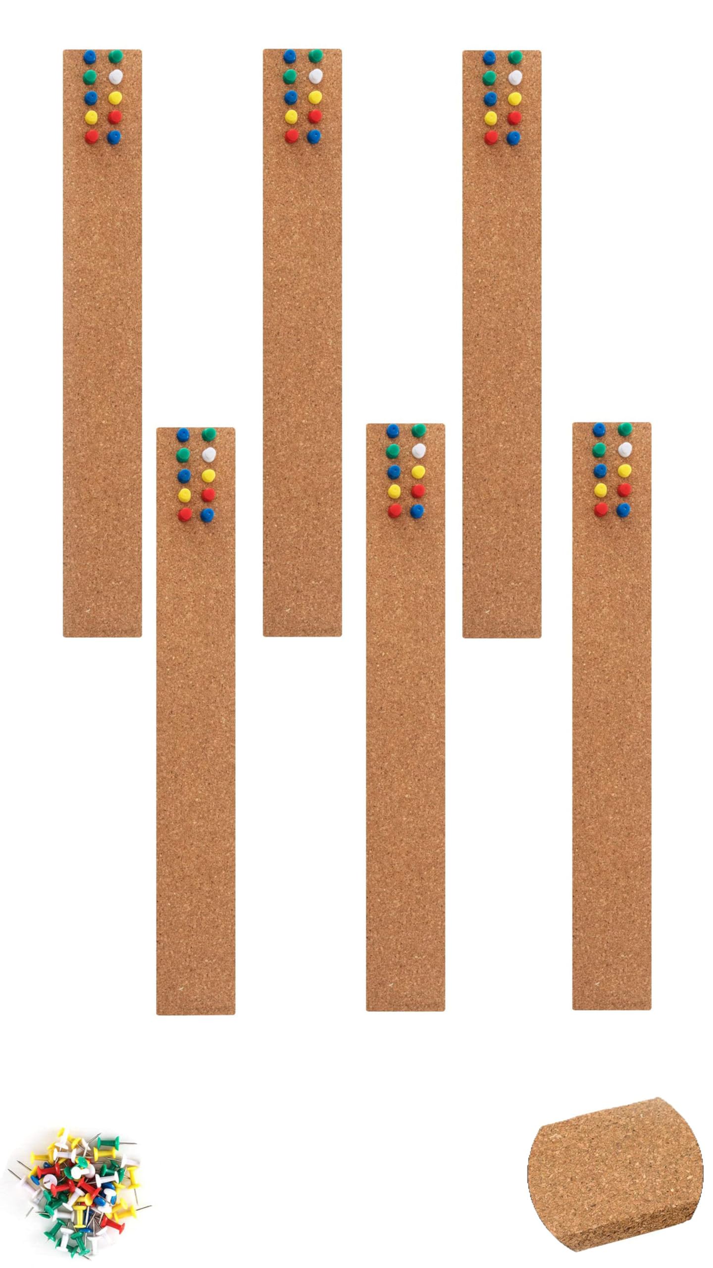 Cork Board Bulletin Bar Strip 15x2 Inch - 1/2 Inch Thick, Pack of 6 - Frameless Natural Cork Board with 50 Multi-Color Push Pins and Strong Self-Adhesive Backing