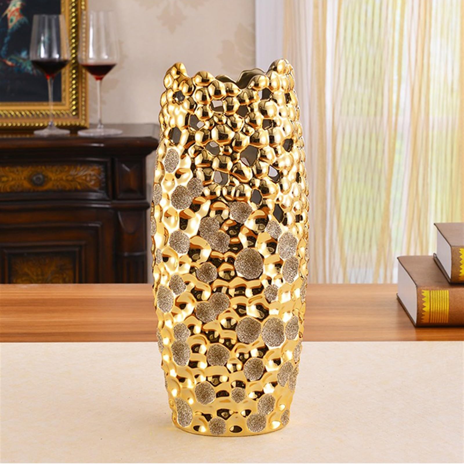Florero Jarrón Dorado Brillante, decoración Creativa de jarrón, artesanía de cerámica, decoración del hogar, Sala de Estar, Mueble de TV, Arte Floral Moderno Jarrones para Flores