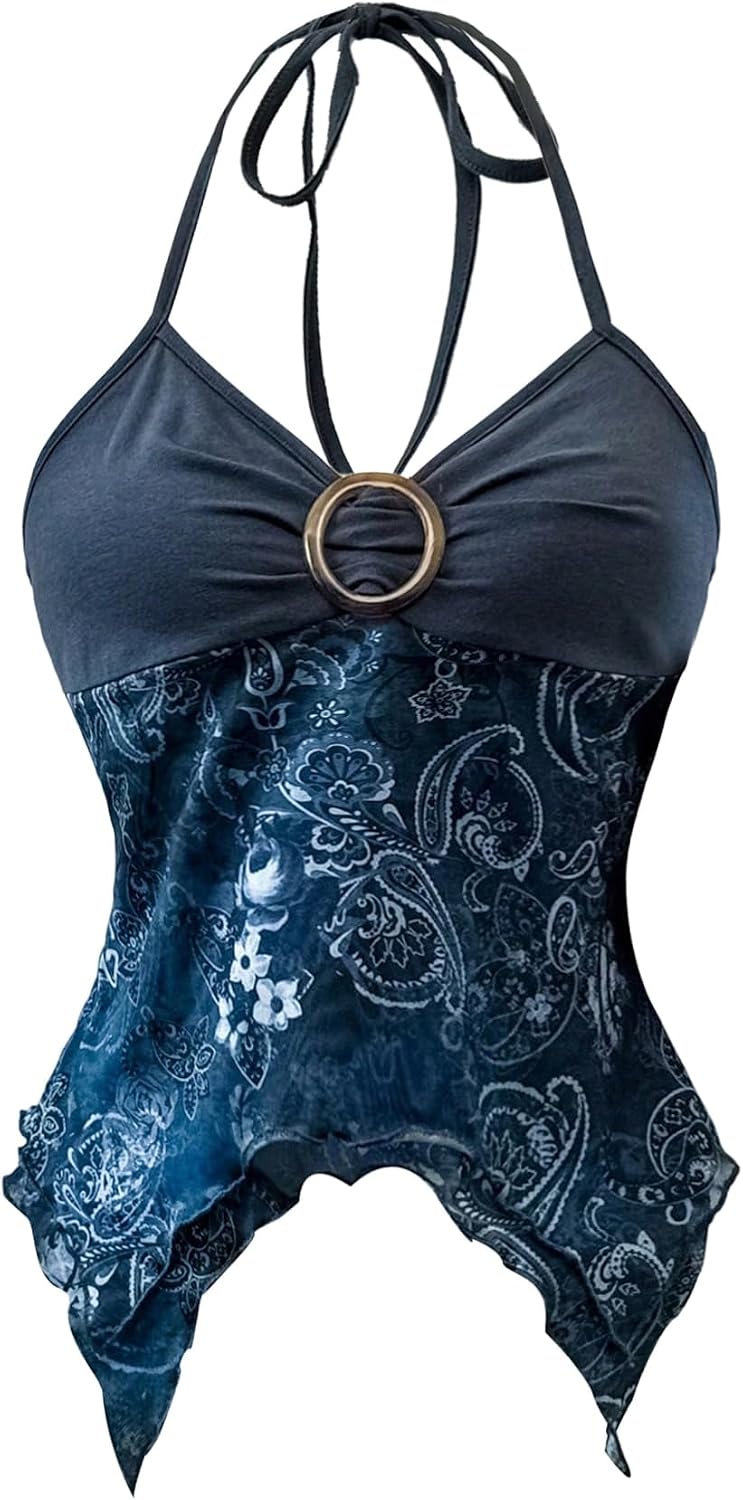 Milumia Women's Y2k Paisley Tie Halter V Neck Mesh Babydoll Going Out Tops