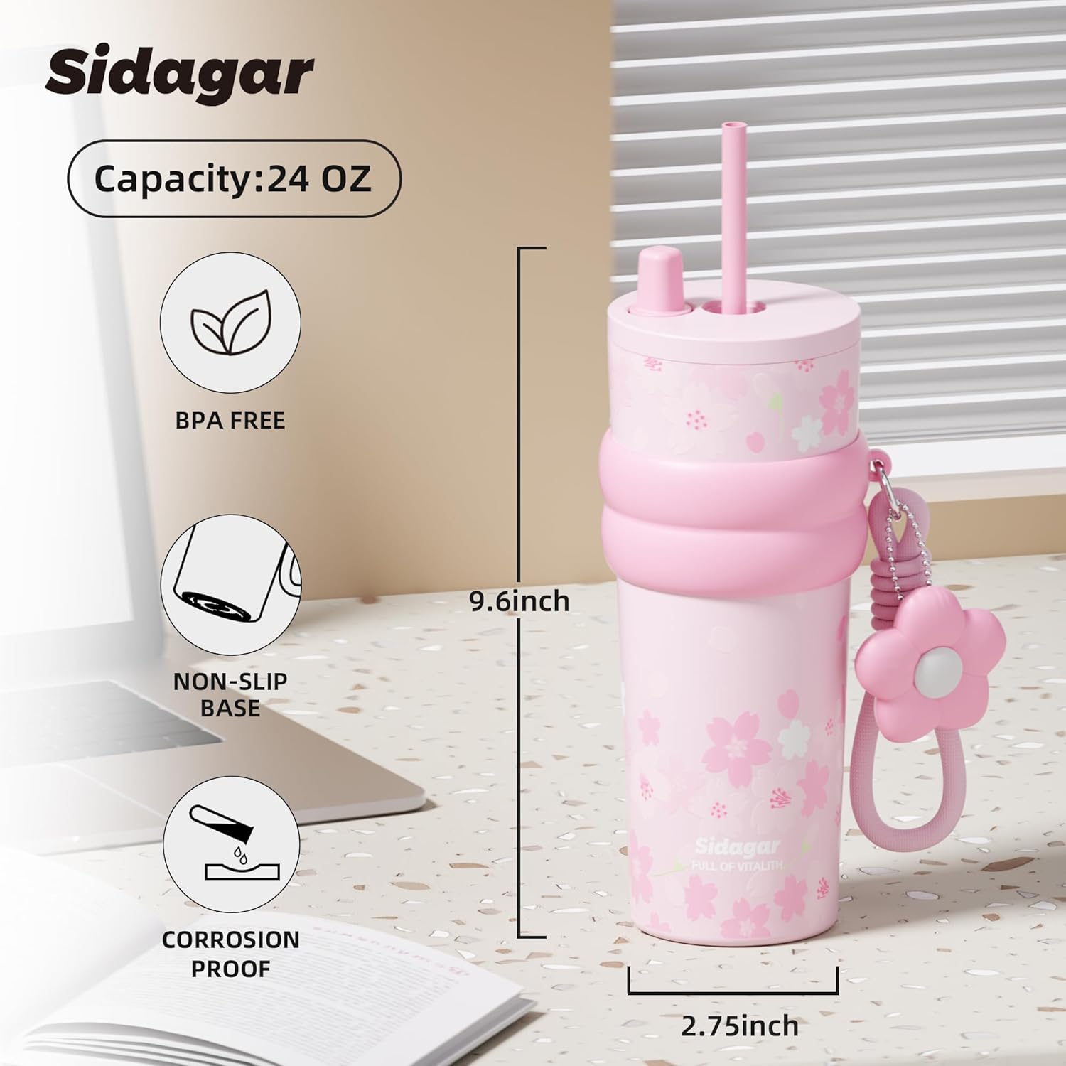 SDGA+ 24 oz Stainless Steel Tumbler with Lid and Straw, Insulated Water Bottle Leak Proof for Hot and Cold, Portable Travel Coffee Mug, Reusable Coffee Cup for Women, Sakura Dream