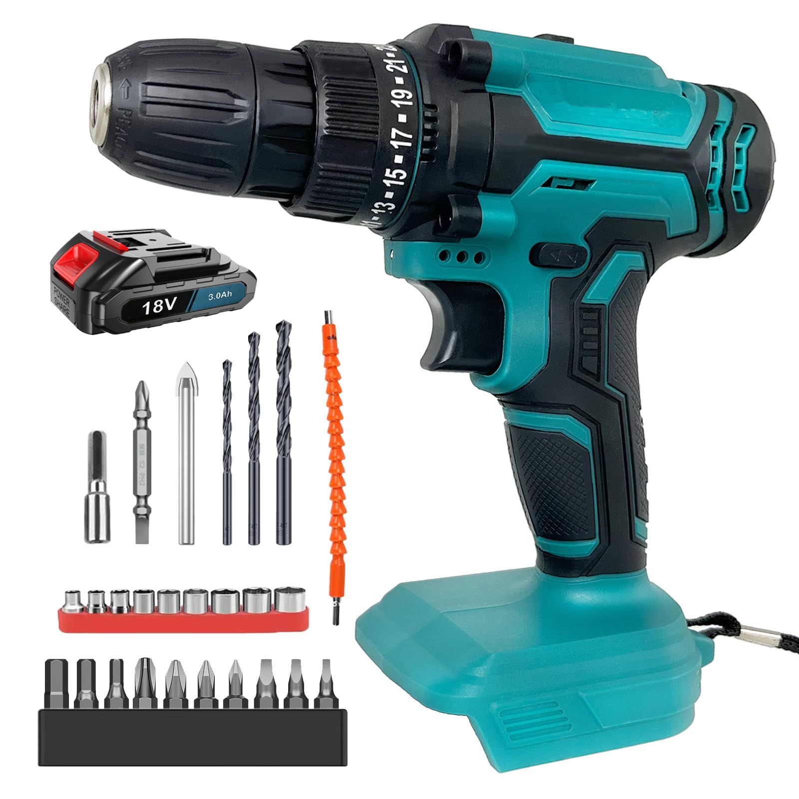 Akku Bohrschrauber 21V/18V, Ersatz für Makita 18V Akku, mit 26PCS Zubehöre,1x 3.0 Ah Akku und Ladegerät, 45 N.m, 25+1Drehmomentstufen, 2-Gang, für Haus DIY Projekt