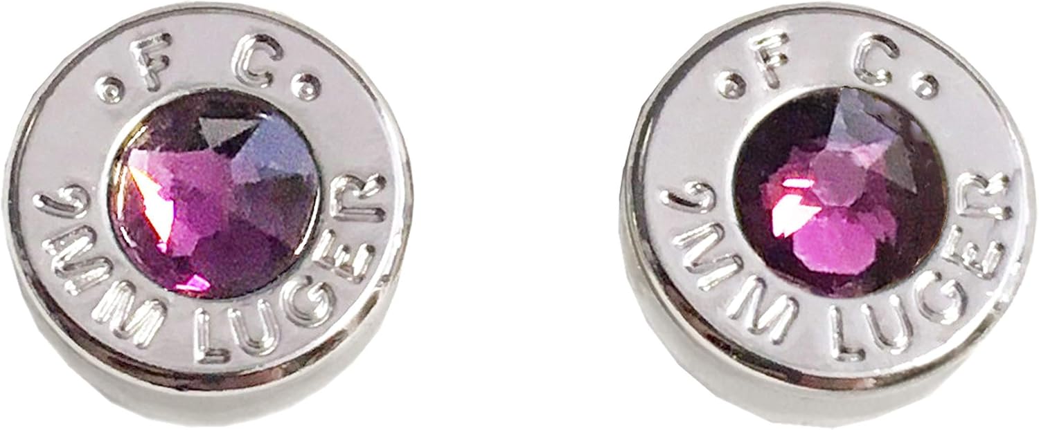 Rhodium Plated 9 Millimeter Ammo Bullet Cartridge Stud Earrings with February Themed Purple Crystals