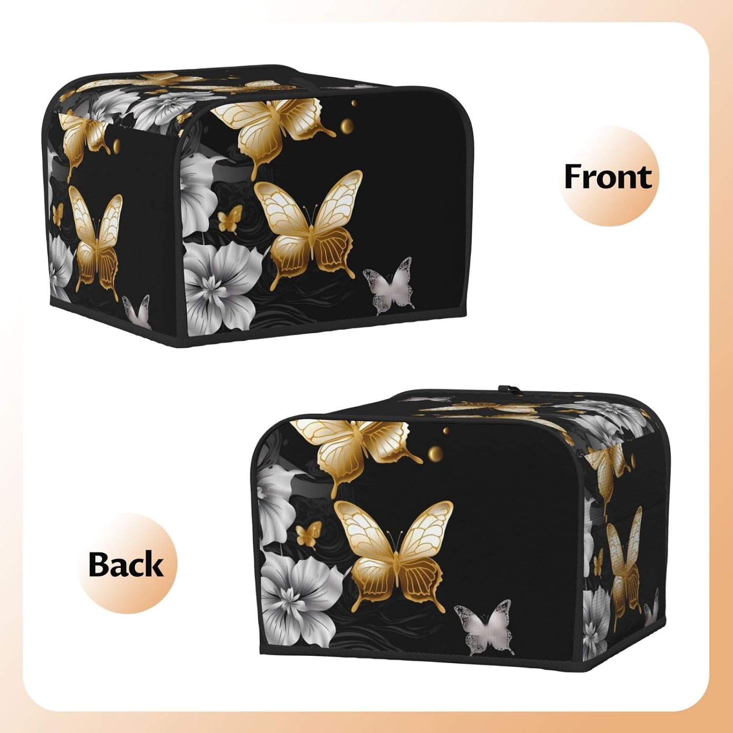 Gold White Butterflies Black Toaster Cover 4 slice Kitchen Small Appliance Covers with Pockets Toaster Dust Cover with Top Handle Oven Cover Washable Universal Bread Maker Cover for Kitchen