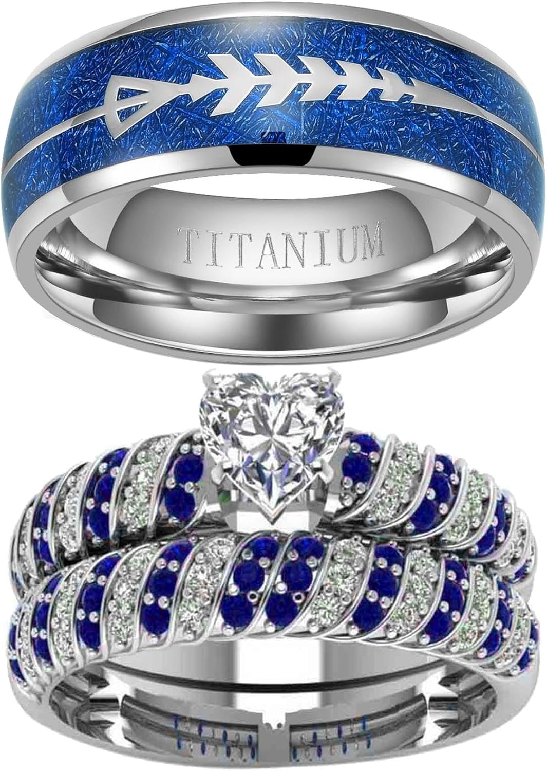 Couple Rings His Her Wedding Ring Set for Him and Her Matching Rings 1CT Heart AAA CZ Blue Ring