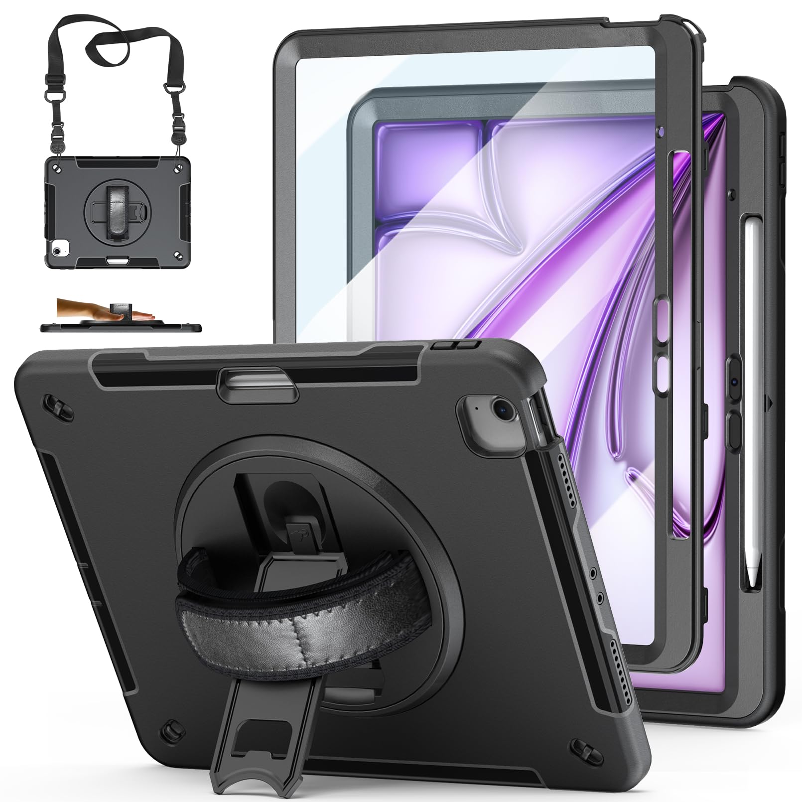 Case for iPad Air 13 Inch M3/M2 (2025/2024): TPU Shockproof Case with Screen Protector - Stand - Handle - Shoulder Strap - Pen Holder-Black