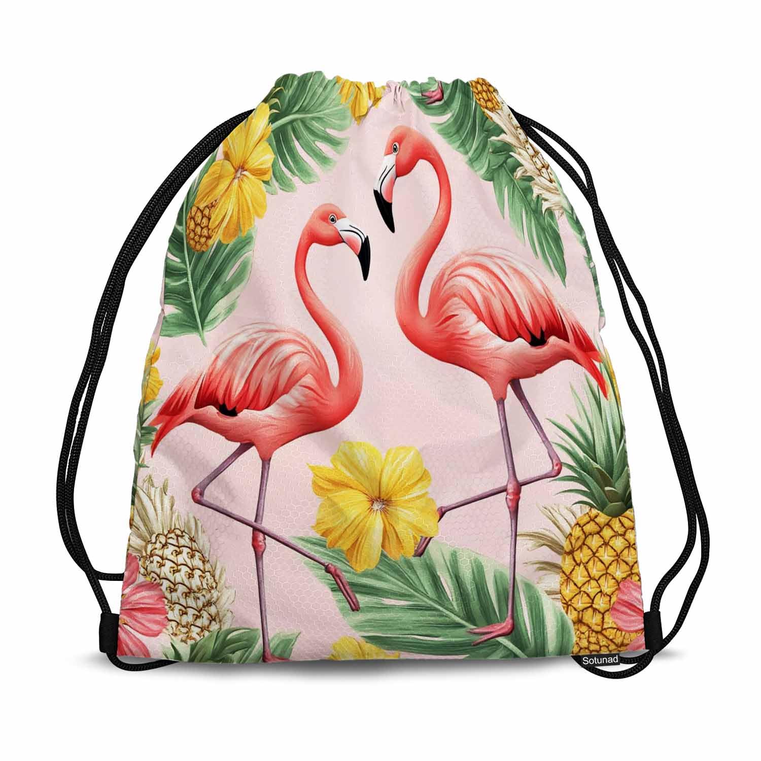 Sotunad Drawstring Backpack Bag Sports Gym Sack Pink Flamingo Birds Pineapples Hibiscus Flowers Tropical Palm Leaves Shoe Bag for Women Men 14x16.9