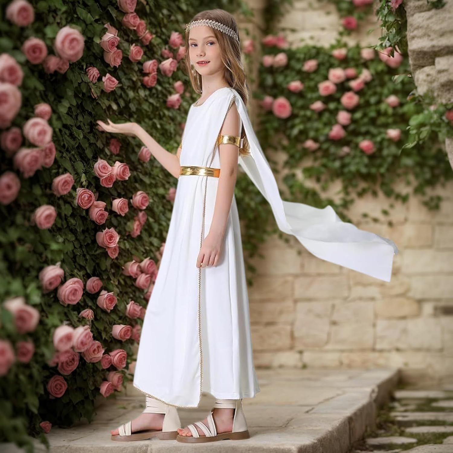LMYOVE Greek Goddess Costume Girls, White Goddess Dress with Headband, Toga Costume 4 PCS Halloween Rome Princess Outfit