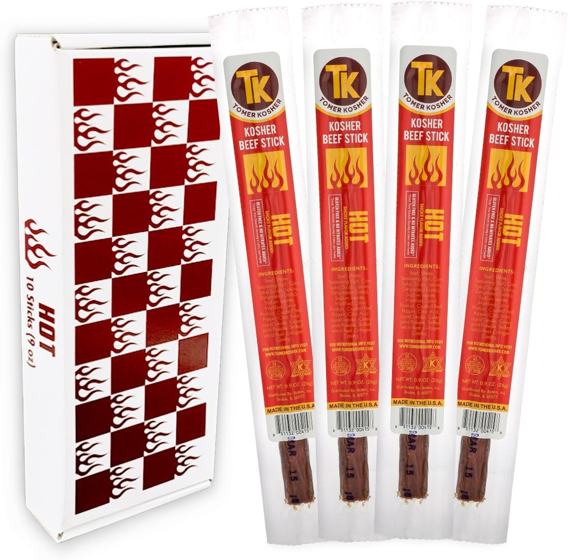 Tomer Kosher Beef Sticks, 100% USA Beef, MSG, Gluten, and Soy Free, No Nitrates Added, (Hot, 10-Count, .9 oz Jerky Stick)