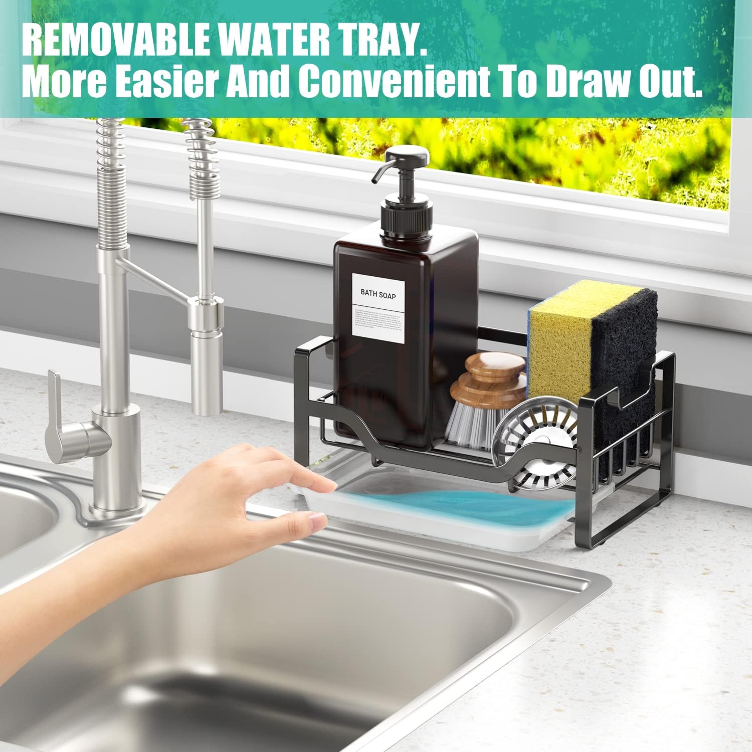 Black Sponge Holder for Kitchen Sink, Dish Sponge Holder for Counter, Stainless Steel Kitchen Sink Caddy for Soap & Brush Organizer Storage with Removable Drain Tray