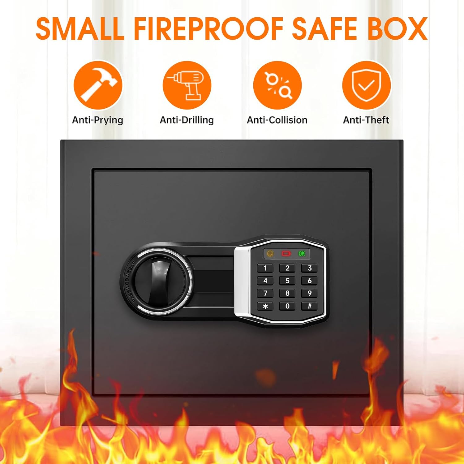 1.3 Cub Small Fireproof Safe for Home, Security Anti-Theft Fire Proof Safe Box with Spare Keys, Programmable Keypad and Alarm System, Digital Fireproof and Waterproof Safes for Document Money Medicine