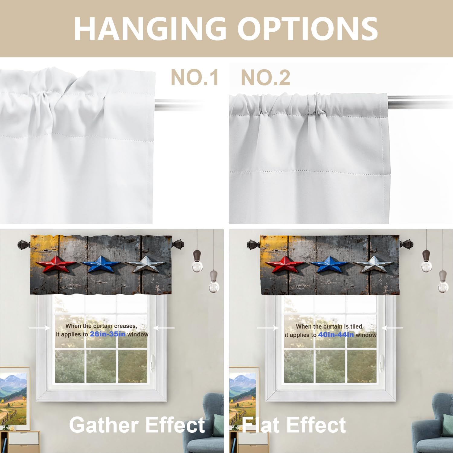 Red White Blue Stars Country Kitchen Valances for Windows,Grunge Grey White Wood Blackout Valances Curtains Multilayer Polyester Drapes for Kitchen Bedroom 2 Pack 52X16 Inches