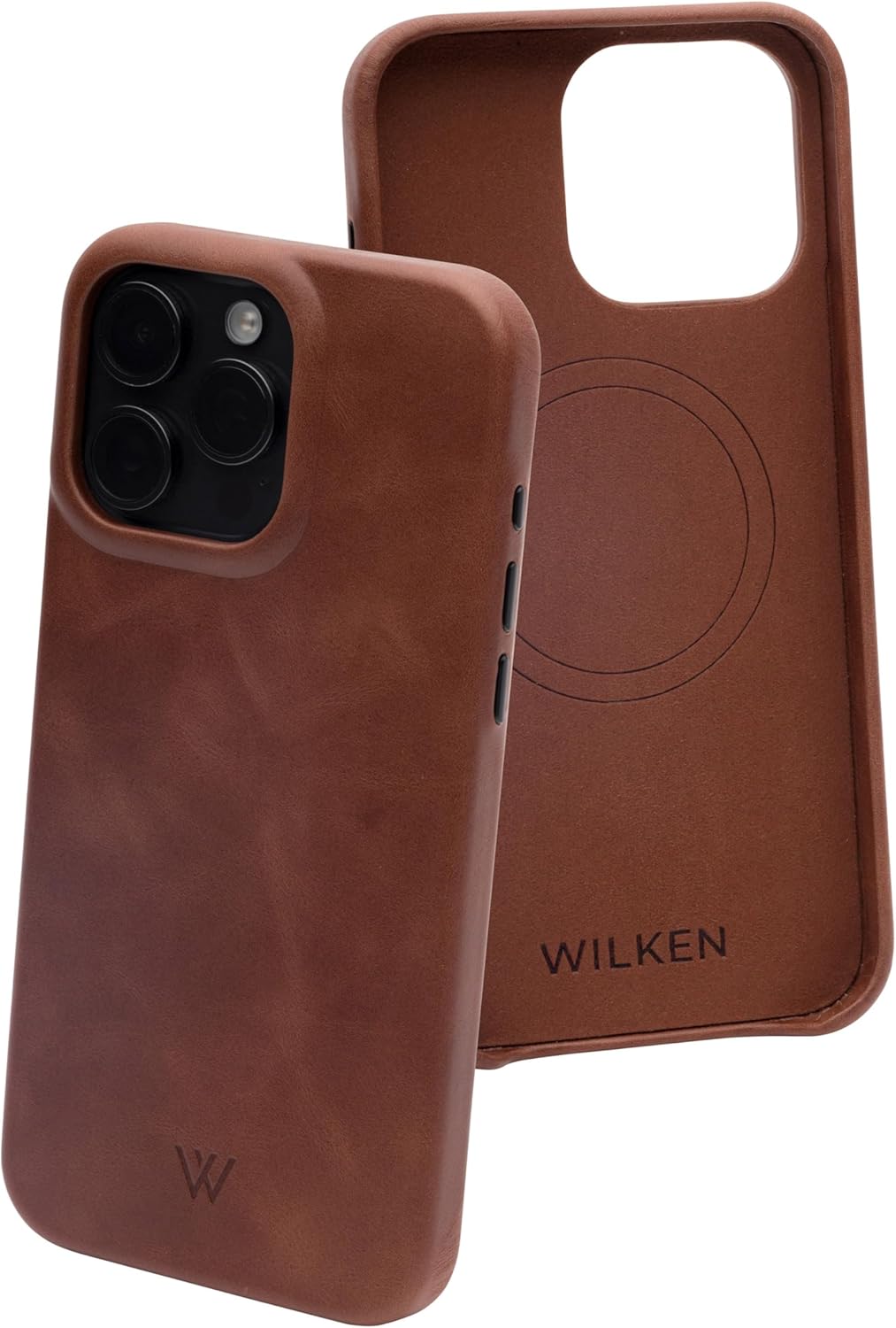 Wilken Leather Slim Phone Case Compatible with iPhone 15 Pro Max | Compatible with MagSafe & Wireless Charging | Premium Top-Grain Leather Cover with Metal Buttons (15 Pro Max, Brown)