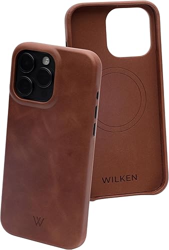 Wilken - Funda de cuero envuelta compatible con iPhone, compatible con MagSafe y carga inalámbrica, cuero de grano superior, protección de pantalla